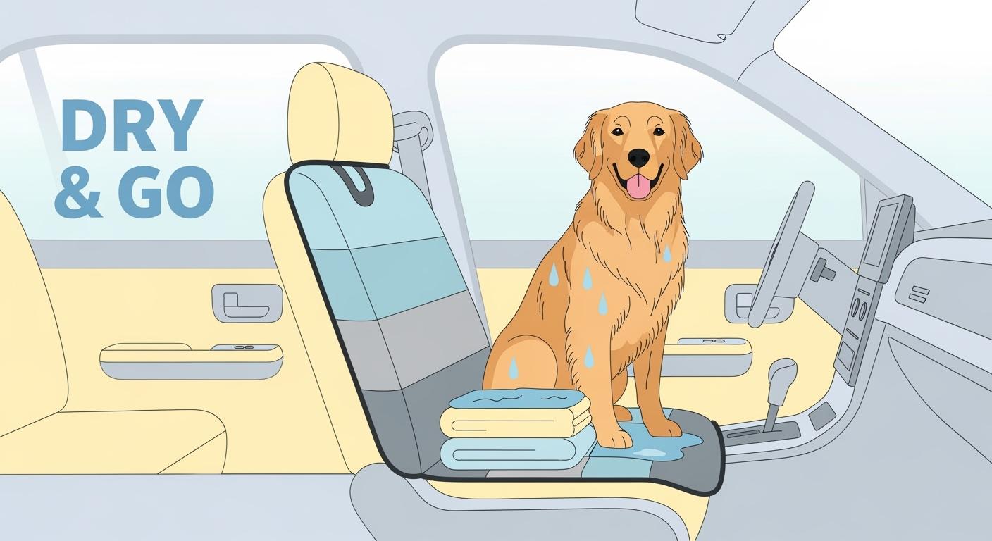Water beading on a water-resistant dog car seat cover surface after a wet-dog trip