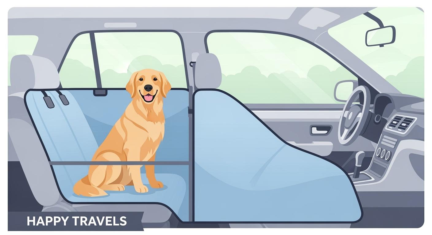 Dog resting on a hammock-style back seat cover during a car ride