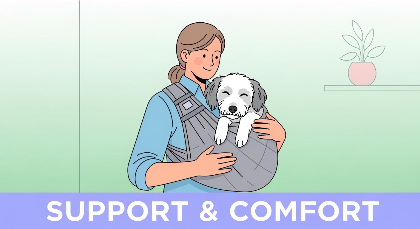 Senior small dog resting in a low-entry sling carrier with a stable base and close-to-body support