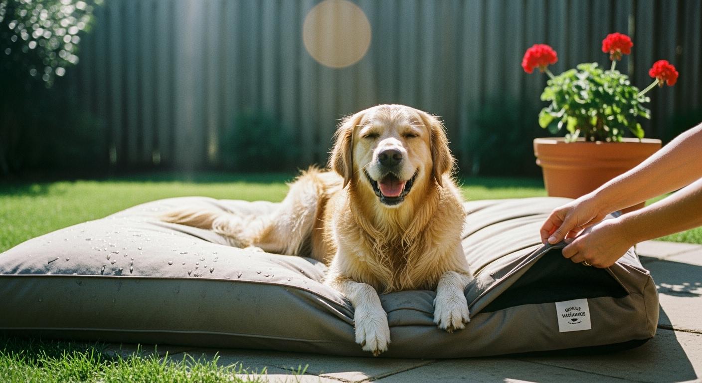 Elevated outdoor dog bed with breathable mesh surface drying in sunlight