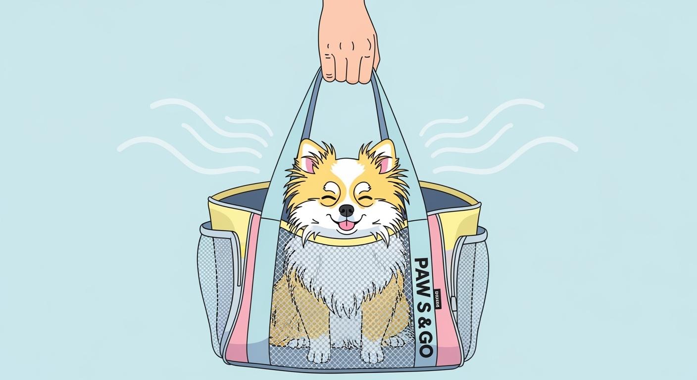 Dog in a mesh tote carrier with upper-side ventilation panels