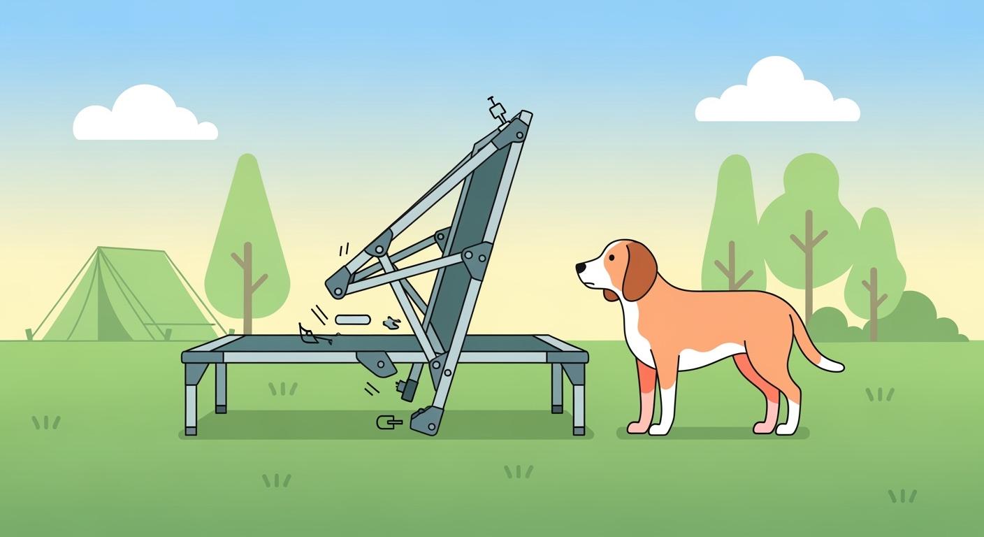 Elevated camping dog cot with locking frame set up on grass
