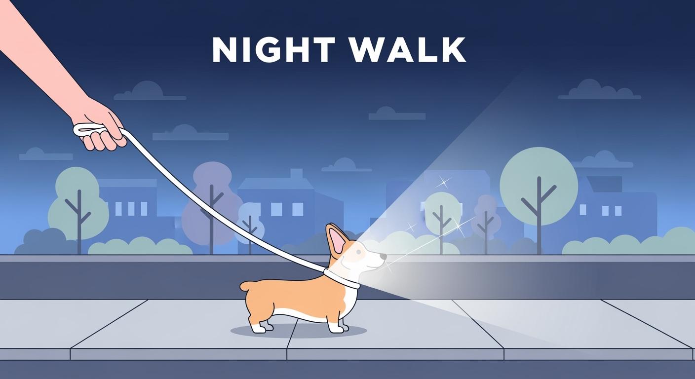 Reflective leash panel catching headlights on a small dog at night
