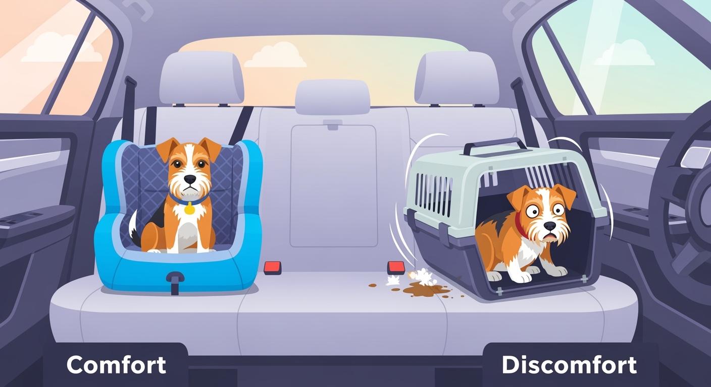 Dog sitting in car seat looking out window during road trip