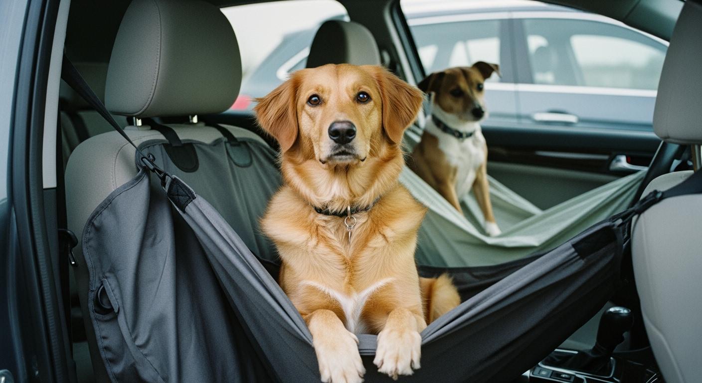 Dog sitting on a car seat cover in hammock mode