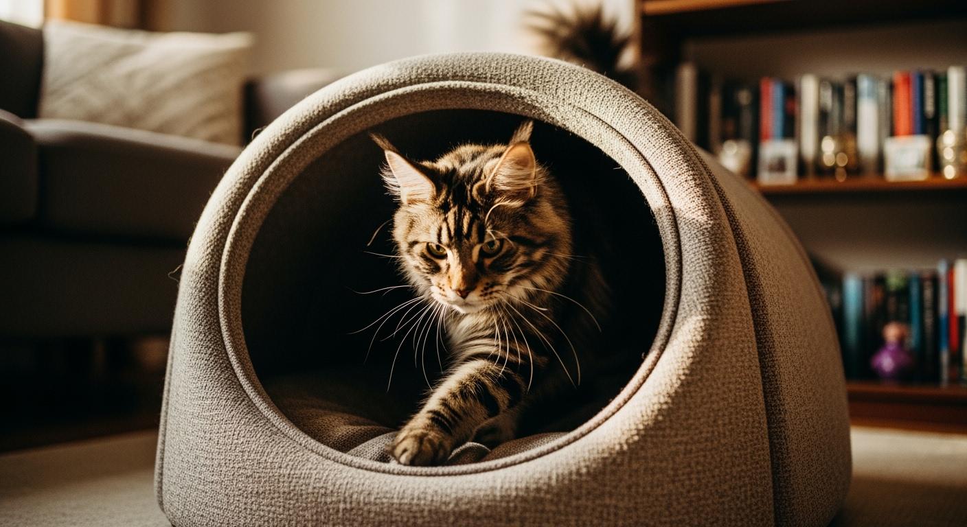 Large cat stepping into a wide-entrance cave bed