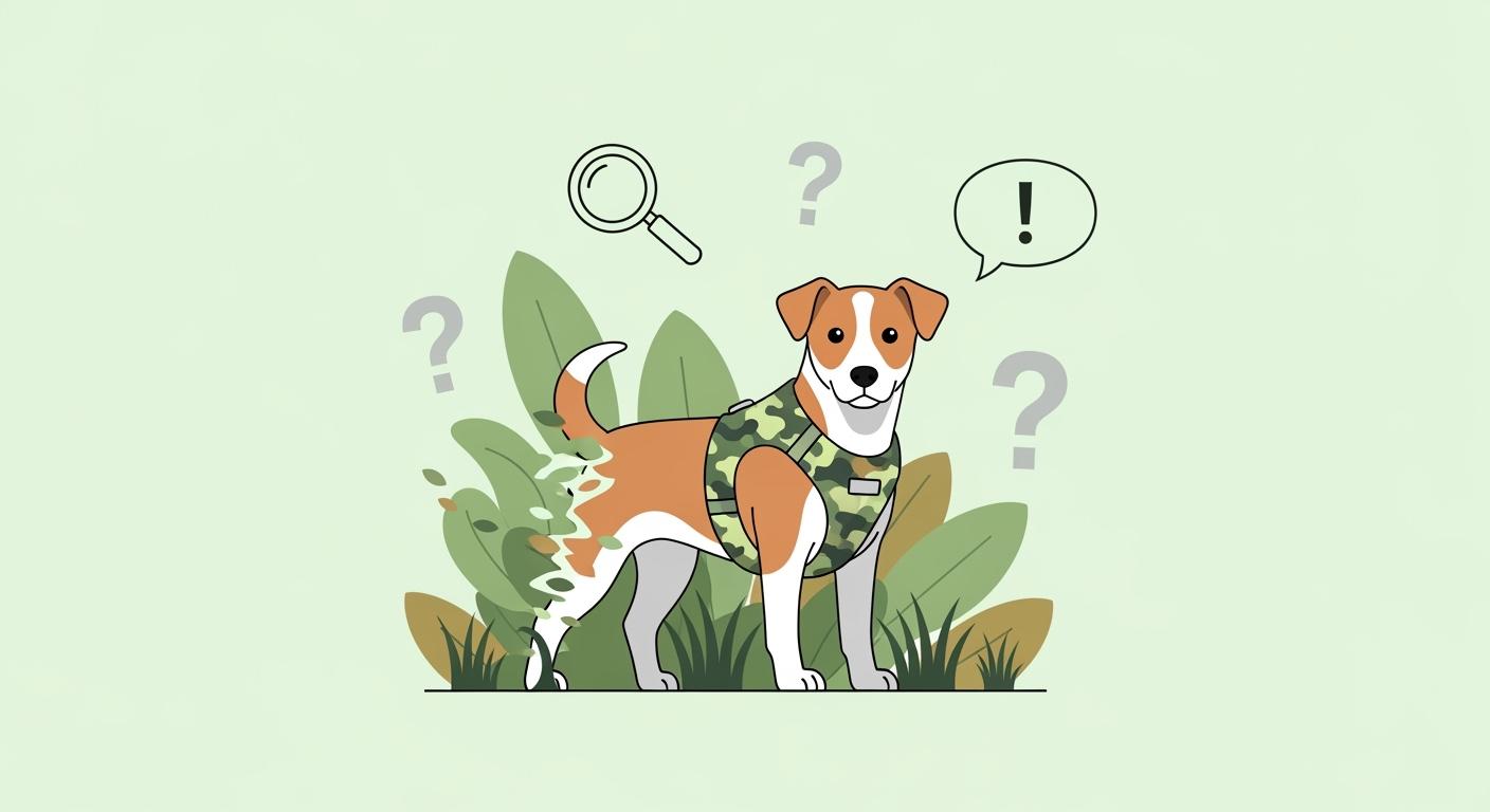 dog wearing a camo harness outdoors blending into a natural forest background