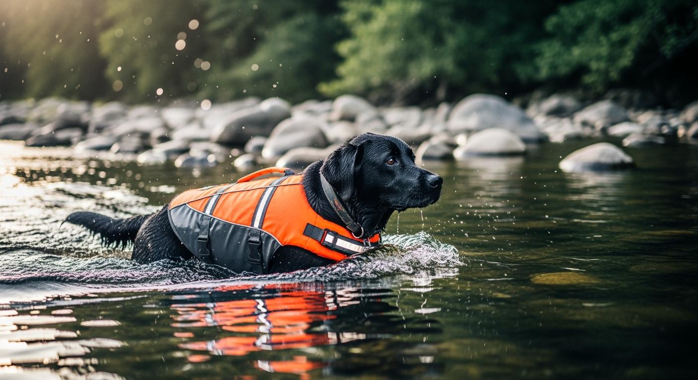 Dog wearing a life jacket with reflective trim near a river