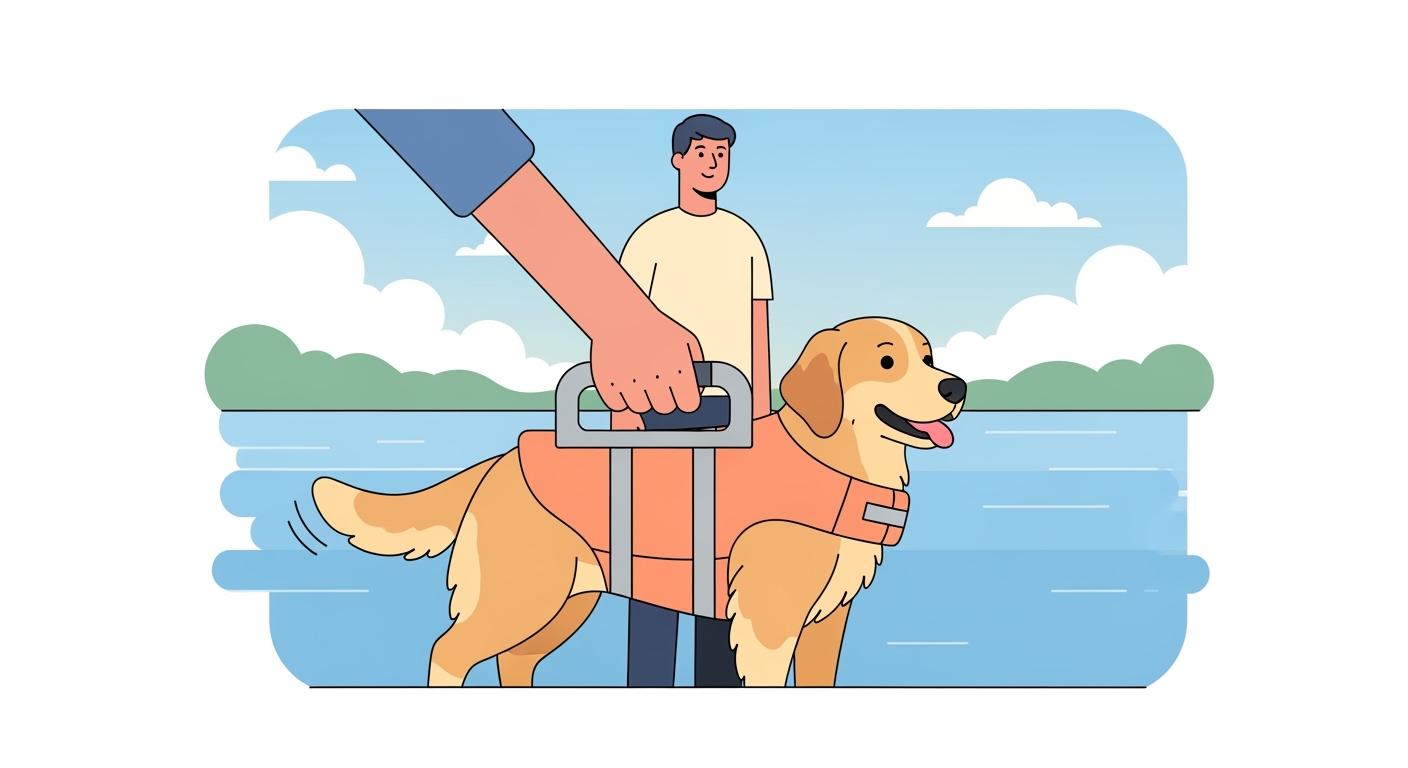 Dog life jacket with large bright orange panels providing top-and-side visibility in open water