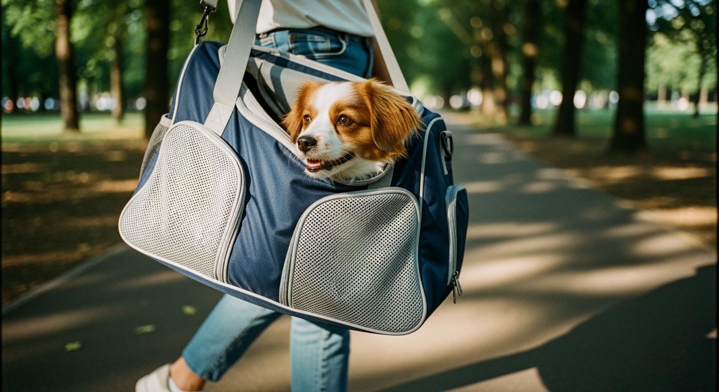 Small dog carrier bag with breathable mesh panels showing side ventilation