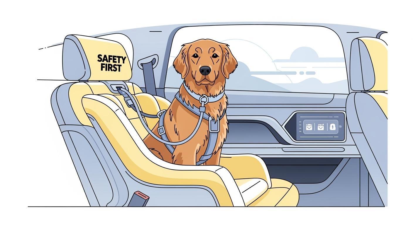 Dog resting inside a car seat with safety tether