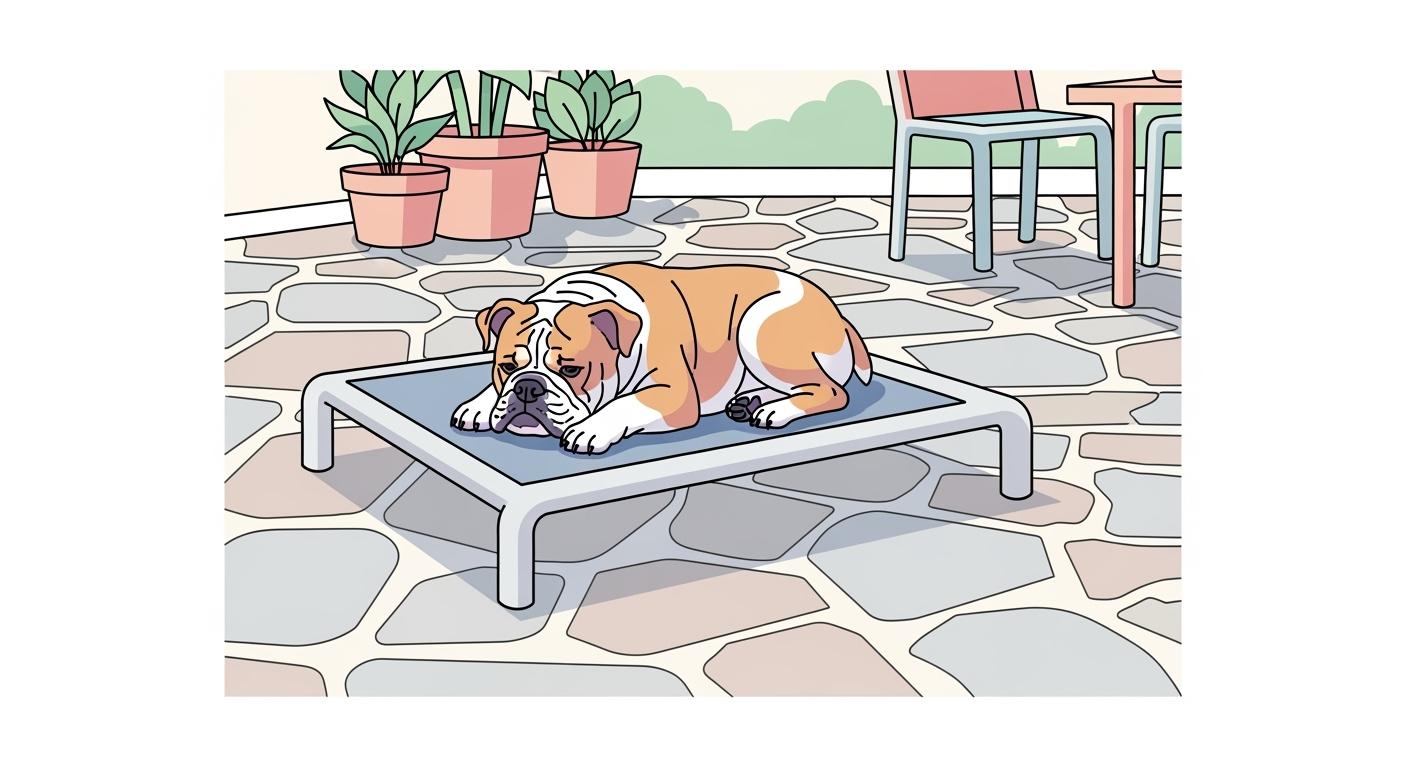 Outdoor elevated dog cot with steel frame on patio