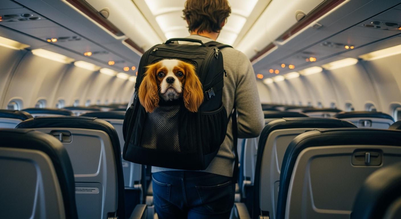 Dog backpack carrier being worn through a narrow space