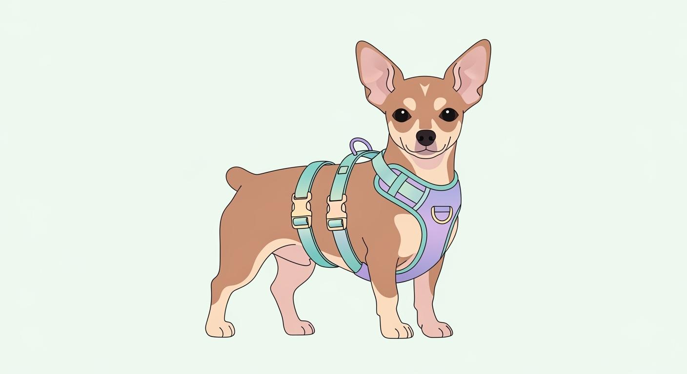Small dog wearing a secure walking harness outdoors
