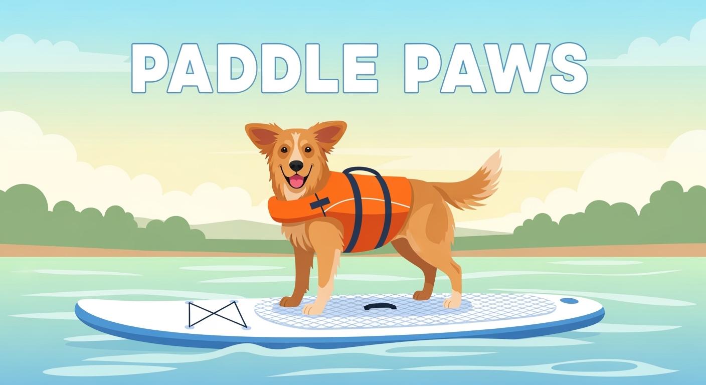 Dog standing on a paddle board in a life jacket