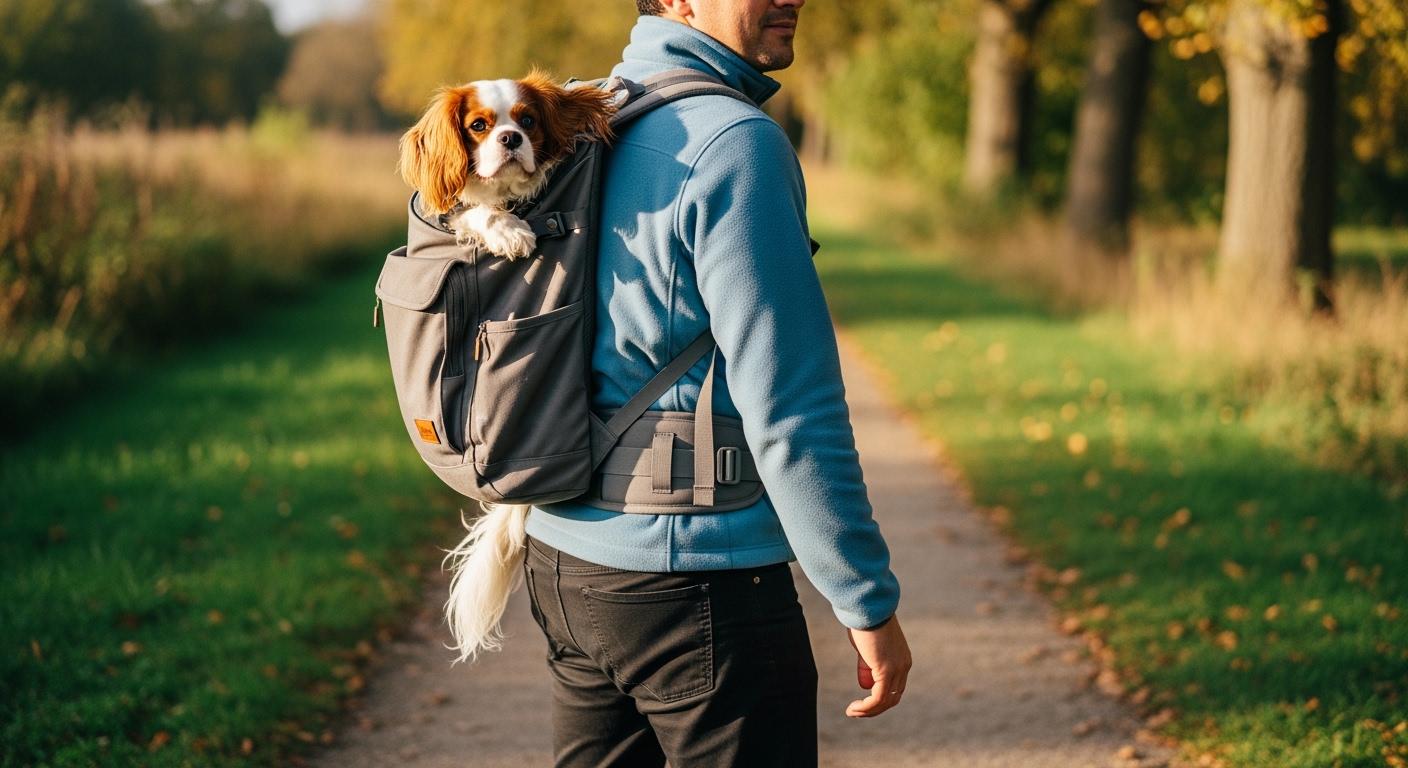 Hiker carrying a dog in a backpack carrier with waist strap on a trail