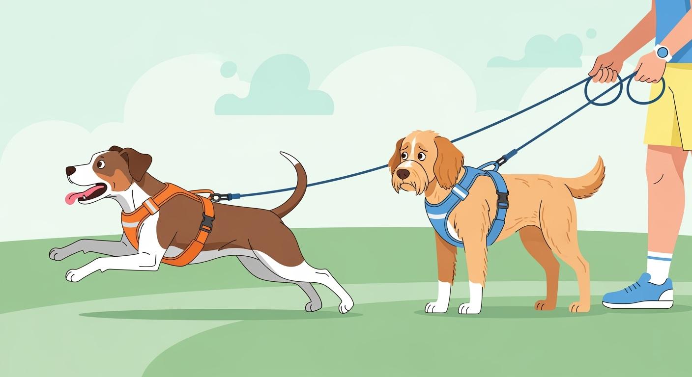 active dog wearing a running harness on an outdoor trail with owner jogging