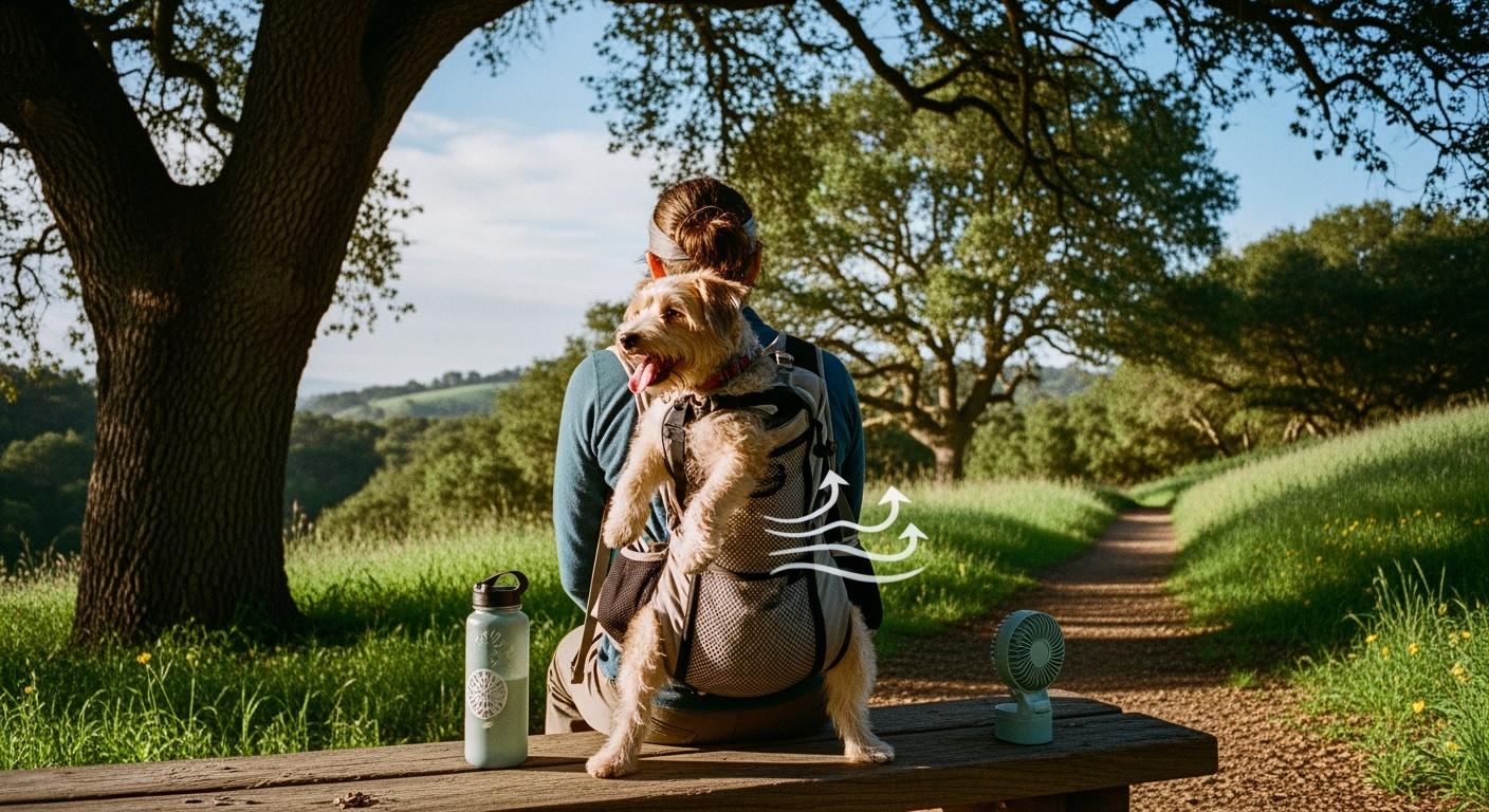 Dog in backpack carrier on warm day