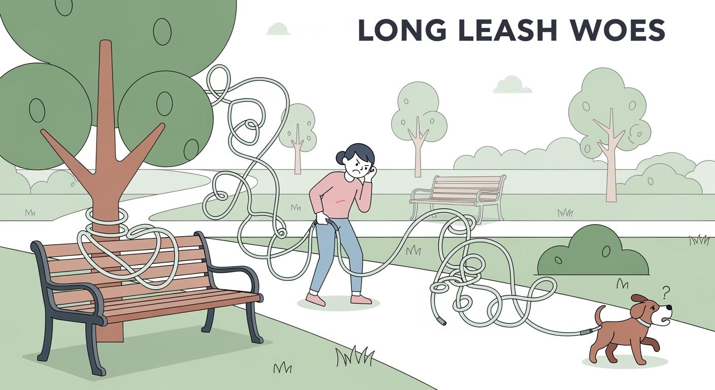 Dog on a long hands-free leash walking in an open outdoor space