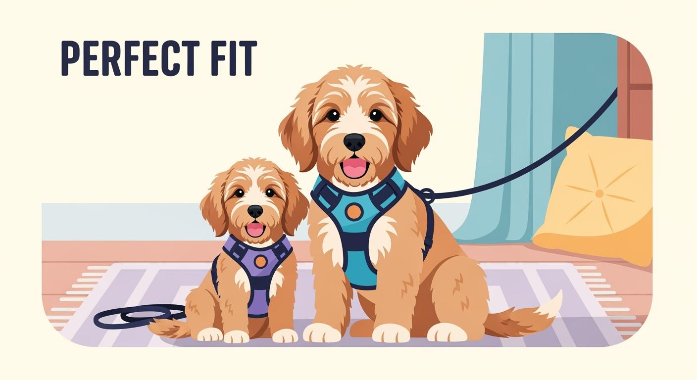 Goldendoodle puppy wearing a walking harness outdoors