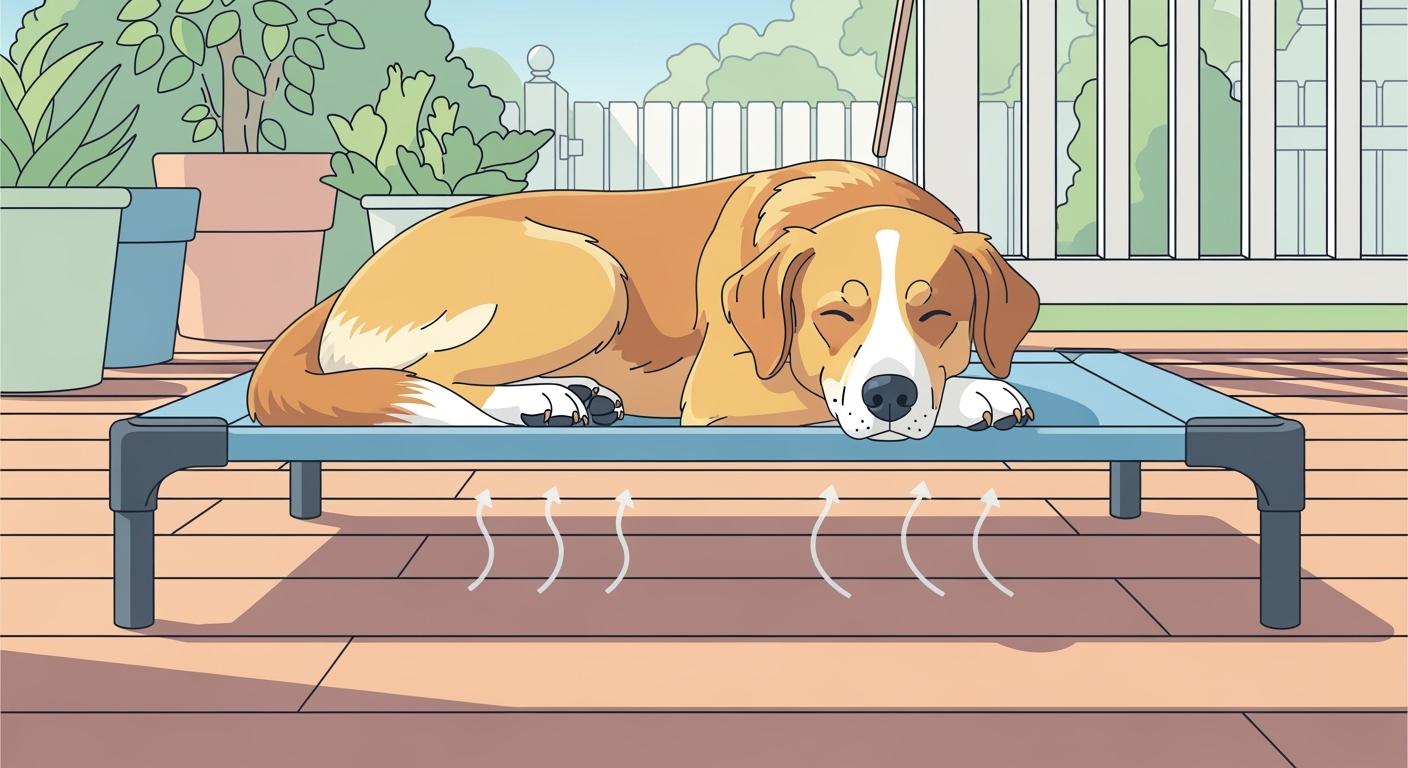 Dog resting on a raised outdoor cot bed compared to a flat bed on a hot deck surface