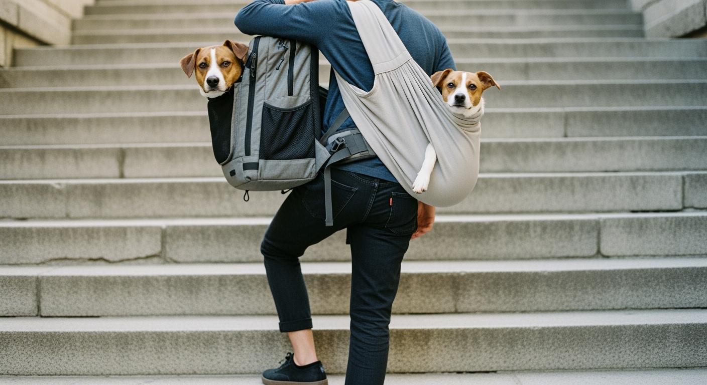 Dog being carried in a pet carrier for outdoor walk
