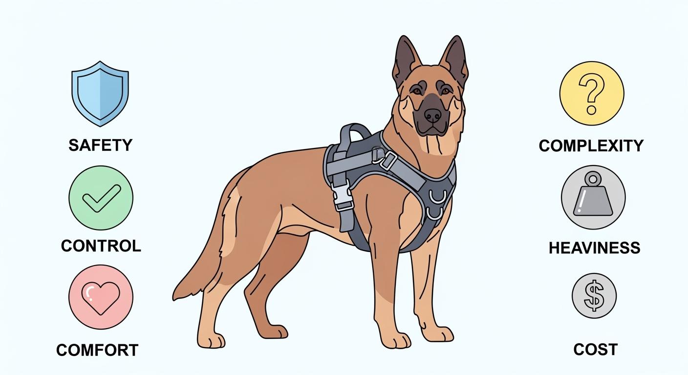 Large dog wearing a padded harness outdoors