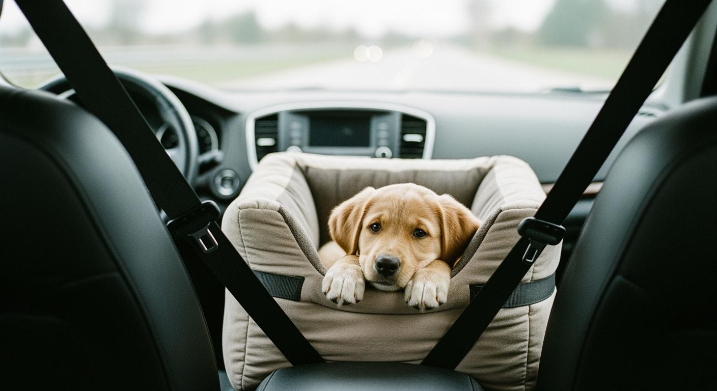 Puppy resting in a structured car seat with raised sides