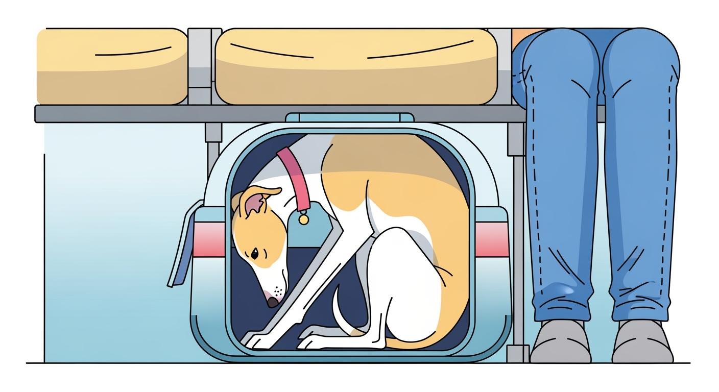 Tall small dog sitting upright inside a soft-sided pet carrier with structured walls