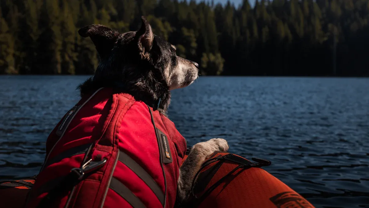 Dog life jacket with balanced buoyancy panels and visible grab handle