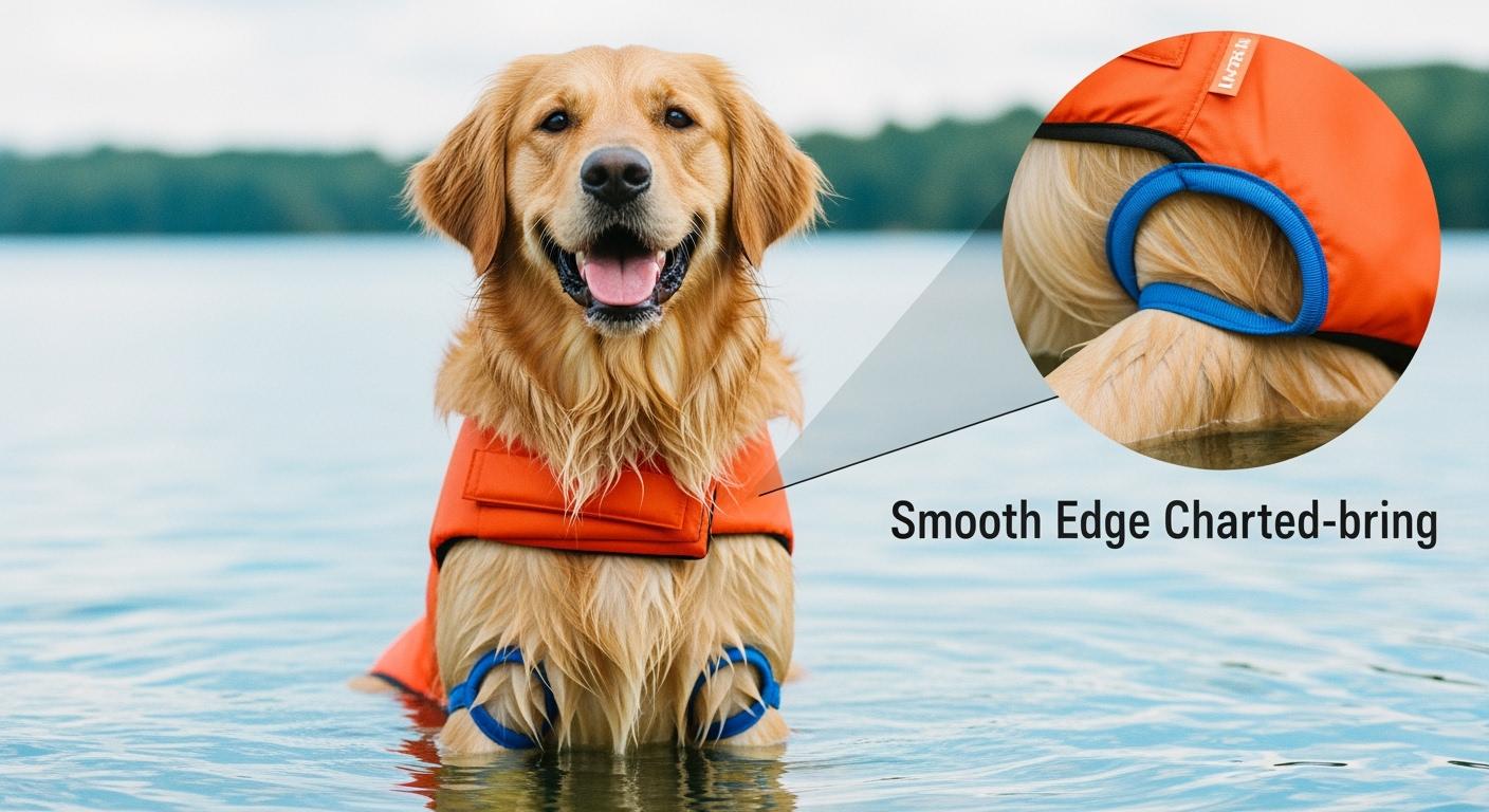 Dog paddling in water while wearing a life jacket with soft armhole edges