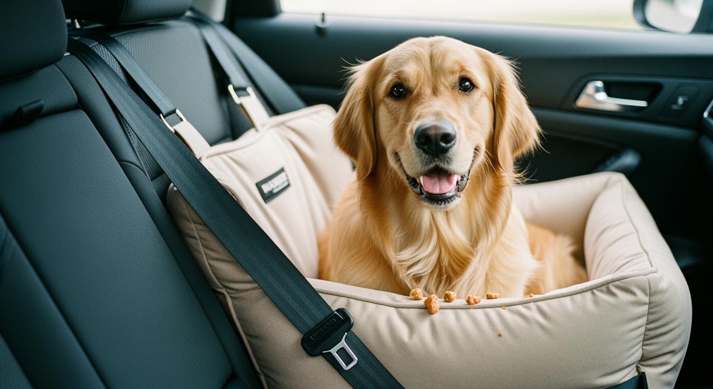 Dog sitting in a car seat with washable cushion