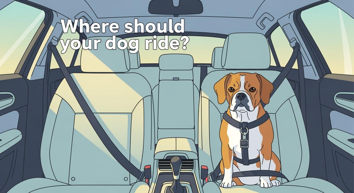 Medium dog sitting in a console car seat beside the driver during a car ride