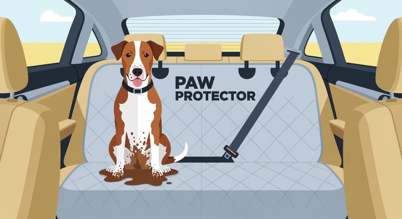 Dog sitting on a car seat cover after an outdoor walk