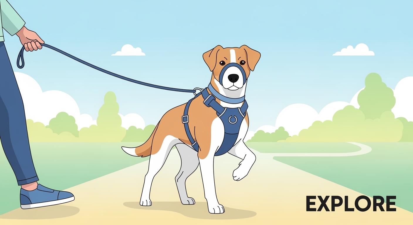 Dog wearing a front-clip harness outdoors