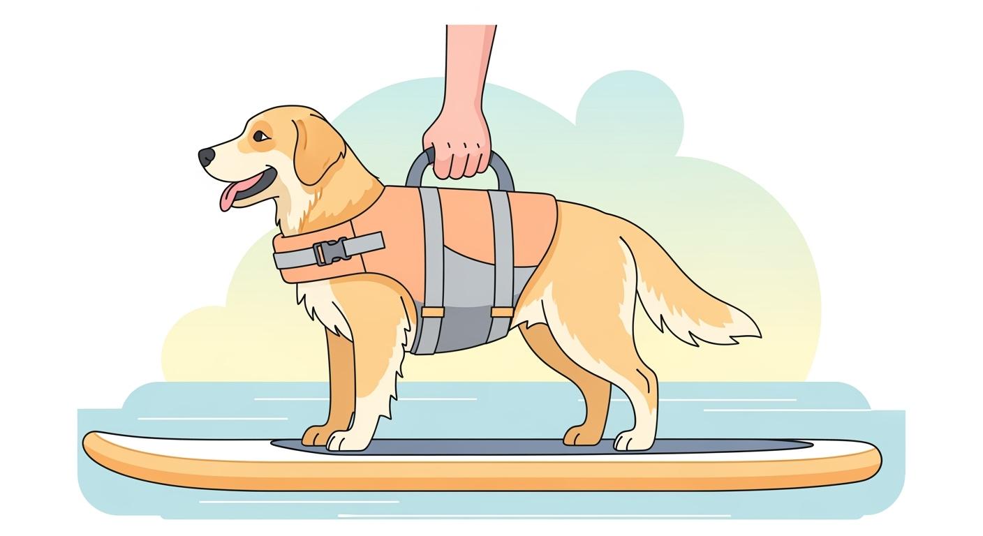 Dog wearing a life jacket floating beside a paddle board