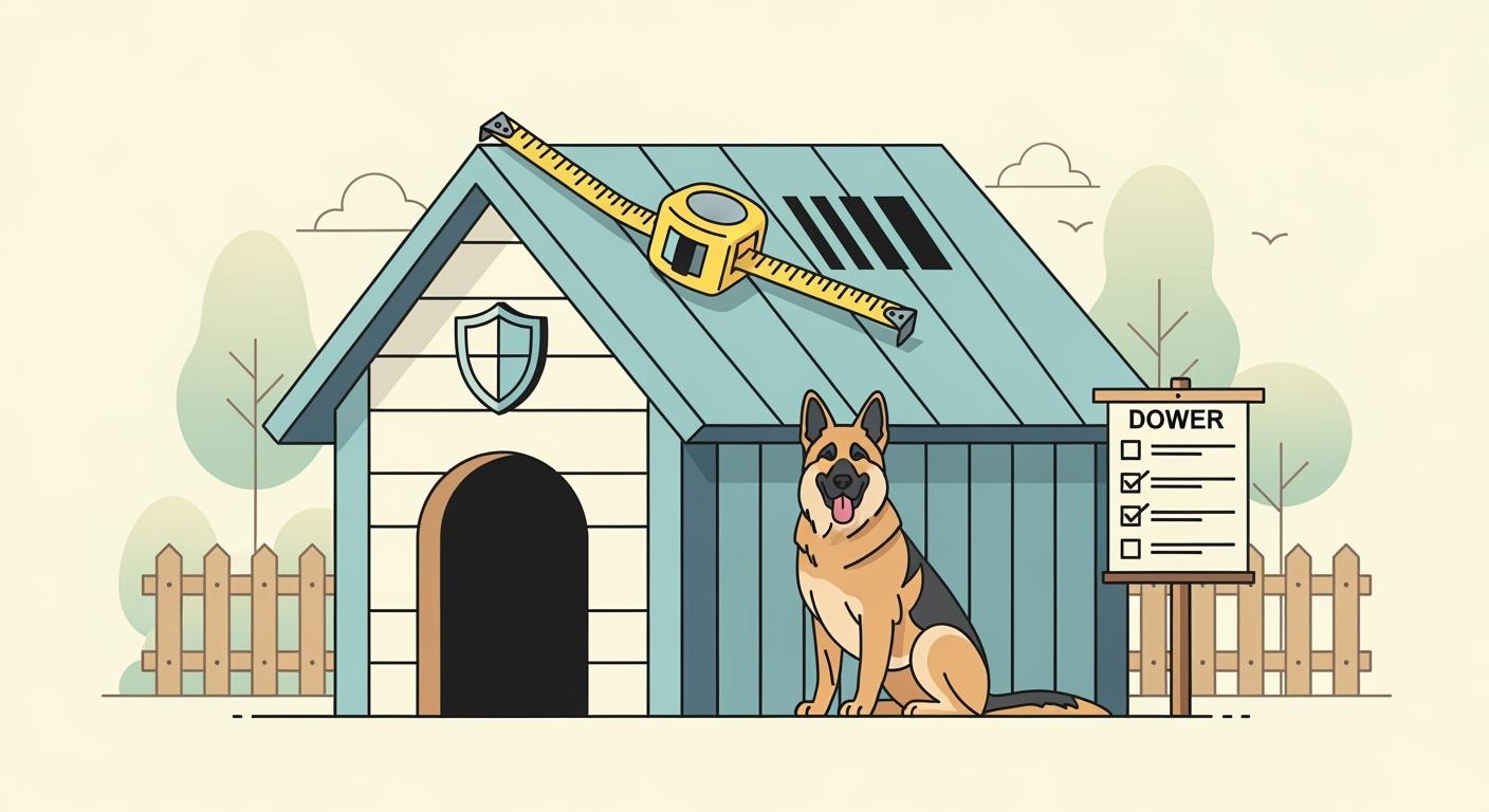 Large dog near an outdoor dog house