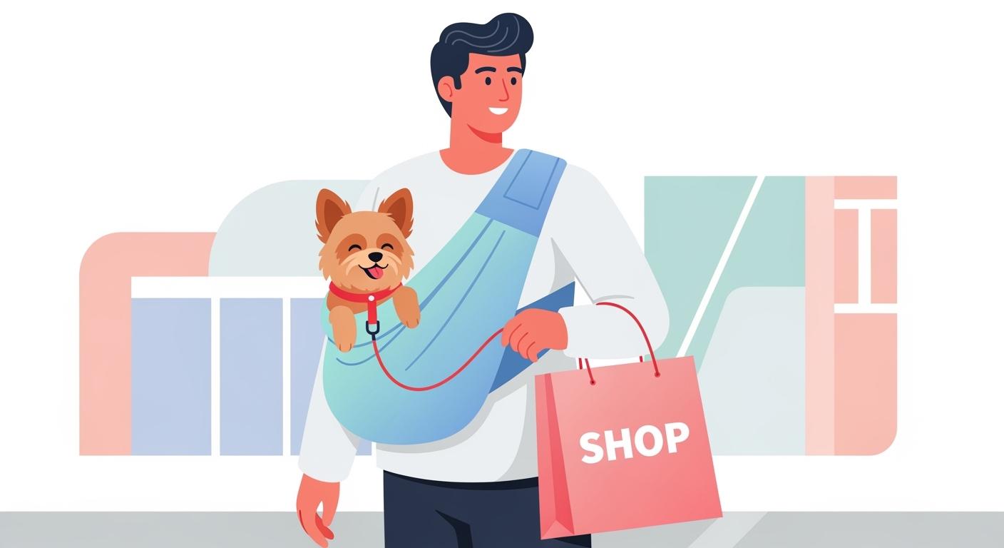 Small dog sitting in a sling carrier during an errand