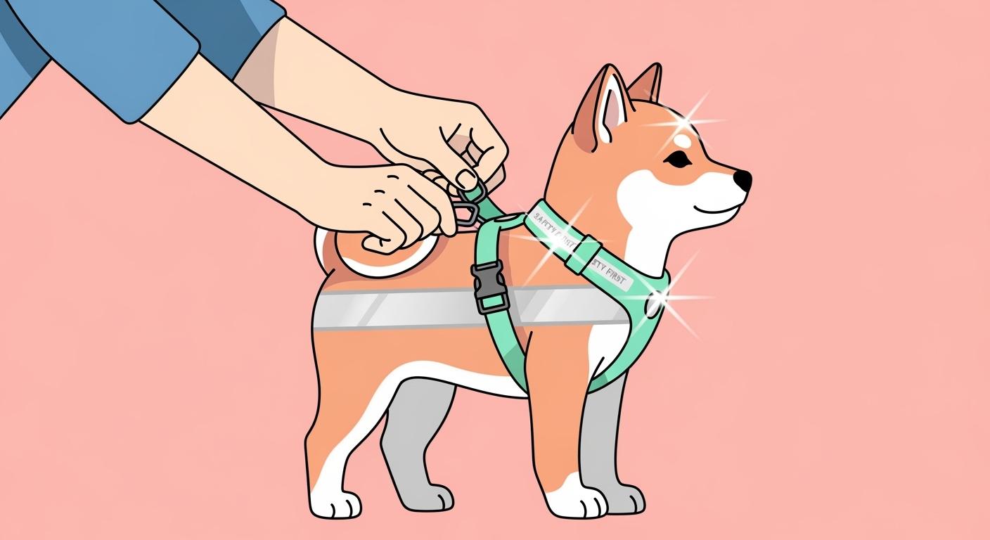 Small dog wearing a reflective harness outdoors in daylight