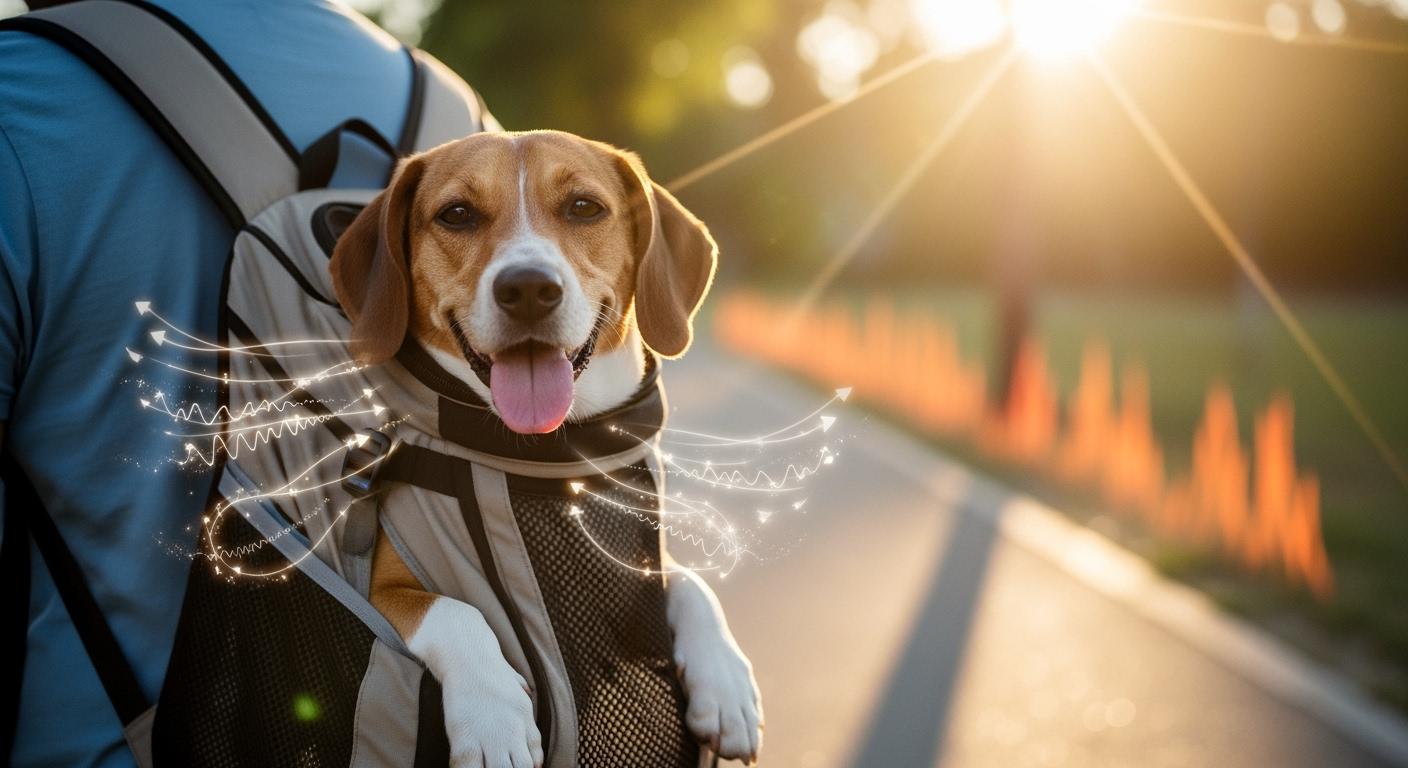 Dog in a ventilated backpack carrier on a sunny trail