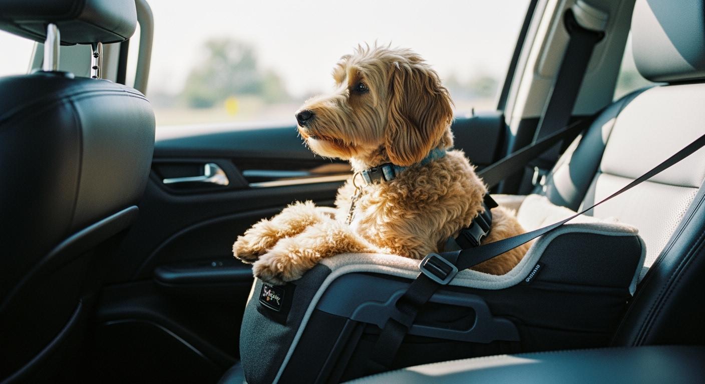 Dog sitting in car seat with firm base support