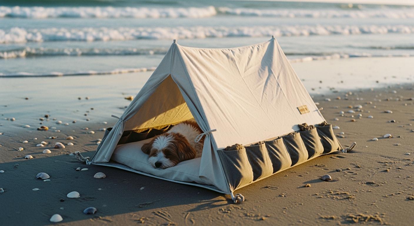 Pet tent anchored with sand pockets on a windy beach