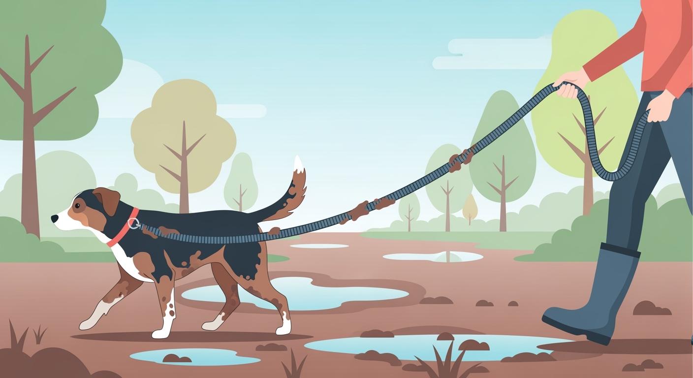 Dog on a muddy trail walk wearing a leash