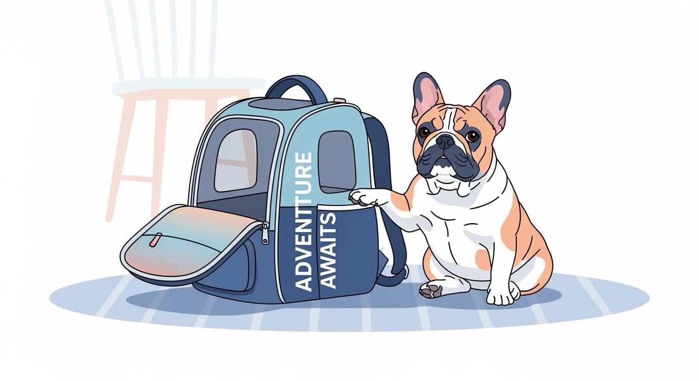 French Bulldog next to a pet backpack carrier with wide side entry