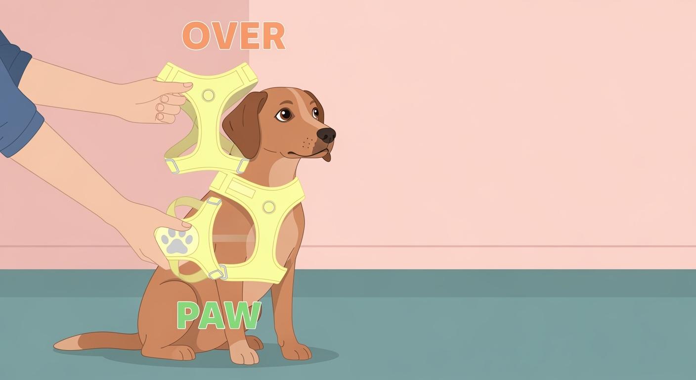 Dog standing still while a harness is positioned for a walk