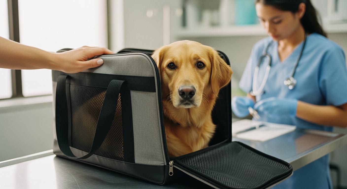 Dog in a structured tote carrier at the vet
