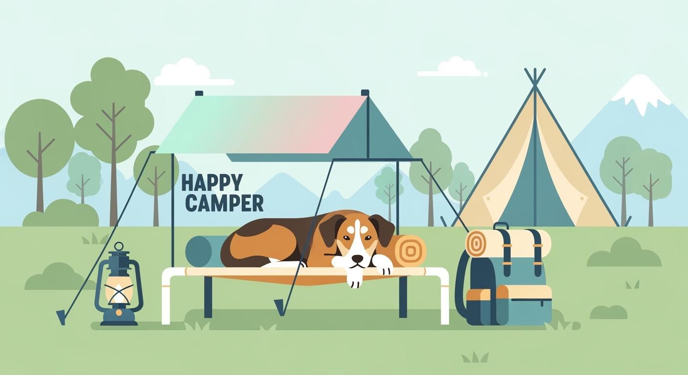 Elevated dog bed with canopy set up on a grassy campsite