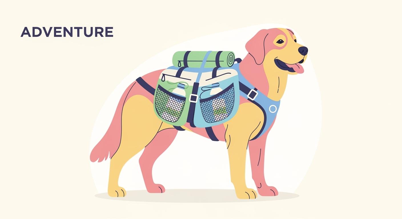 Large dog wearing a backpack harness on an outdoor trail