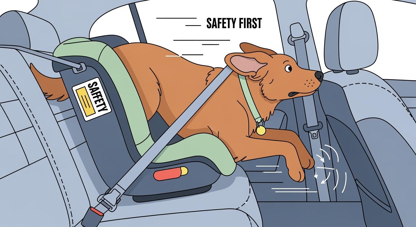 Medium dog sitting in a raised car booster seat with harness attached