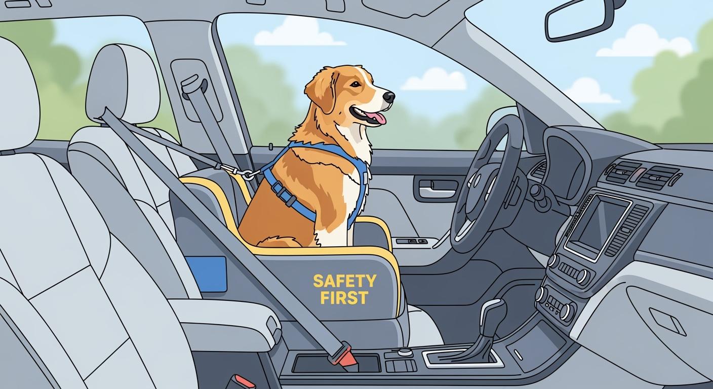 Medium dog sitting in a car booster seat during a drive
